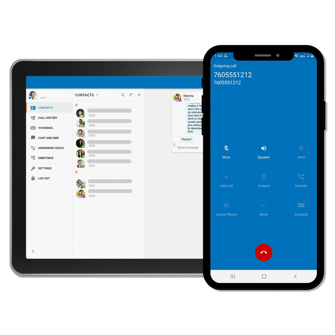A tablet displaying a contacts and chat interface sits next to a smartphone showing an outgoing call screen with a blue background and call options. Both devices have white backgrounds.