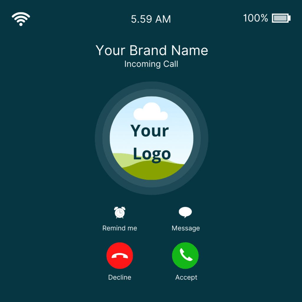 A smartphone screen shows an incoming call from Your Brand Name with a Branded Calling ID and generic logo. Options to decline, accept, send a message, or set a reminder are visible. The time is 5:59 AM, and the battery is fully charged.