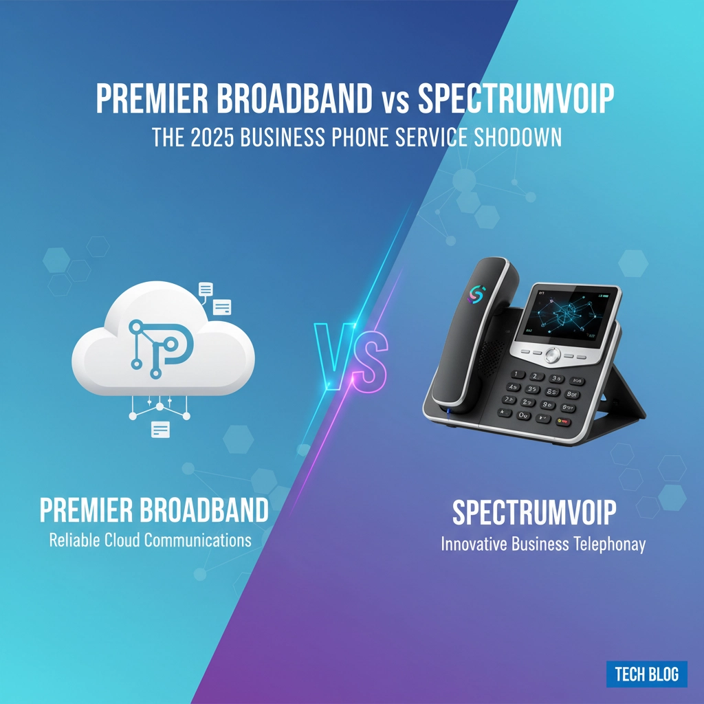 Split image comparing Premier Broadband (cloud icon) and SpectrumVOIP (office phone), highlighting The 2025 Business Phone Service Showdown with taglines for each. Blue and purple backgrounds with Tech Blog label.