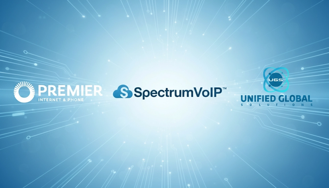 Logos for Premier Internet & Phone, SpectrumVoIP, and Unified Global Solutions appear on a blue, tech-inspired background with circuit-like lines radiating outward.