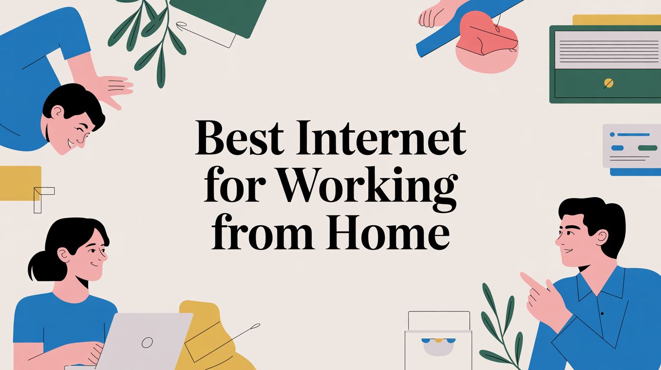 Illustration of people working on laptops and tablets around the text “Best Internet for Working from Home,” with plants and office supplies in the background.