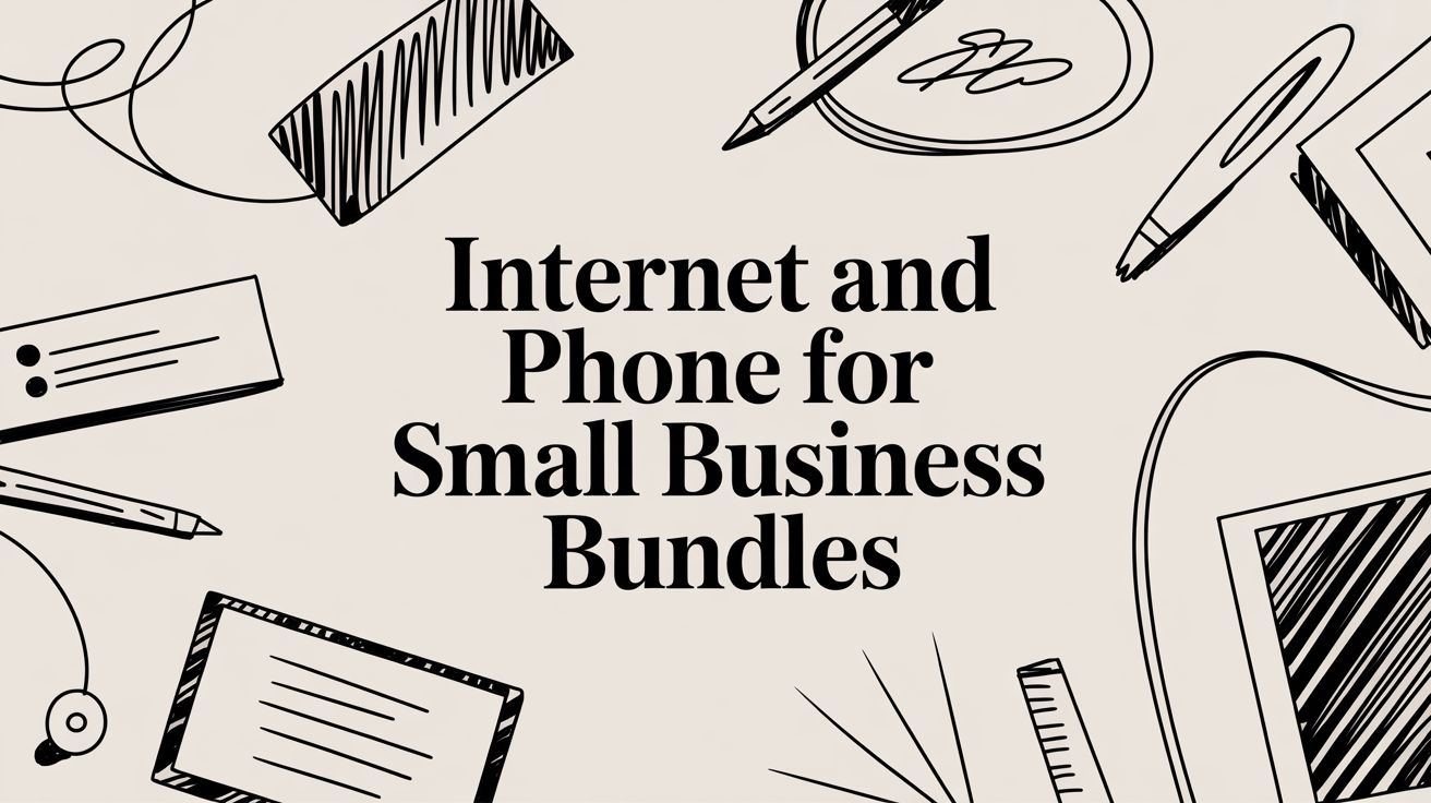 Text reads Internet and Phone for Small Business Bundles on a beige background with black line drawings of office supplies, such as a pen, ruler, notepad, and papers, around the edges.