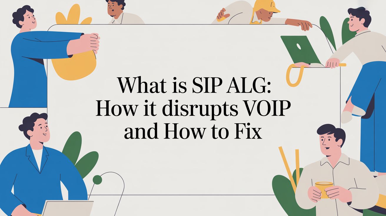 Illustration of people working with tech devices around a large sign that reads, What is SIP ALG: How it disrupts VOIP and How to Fix.