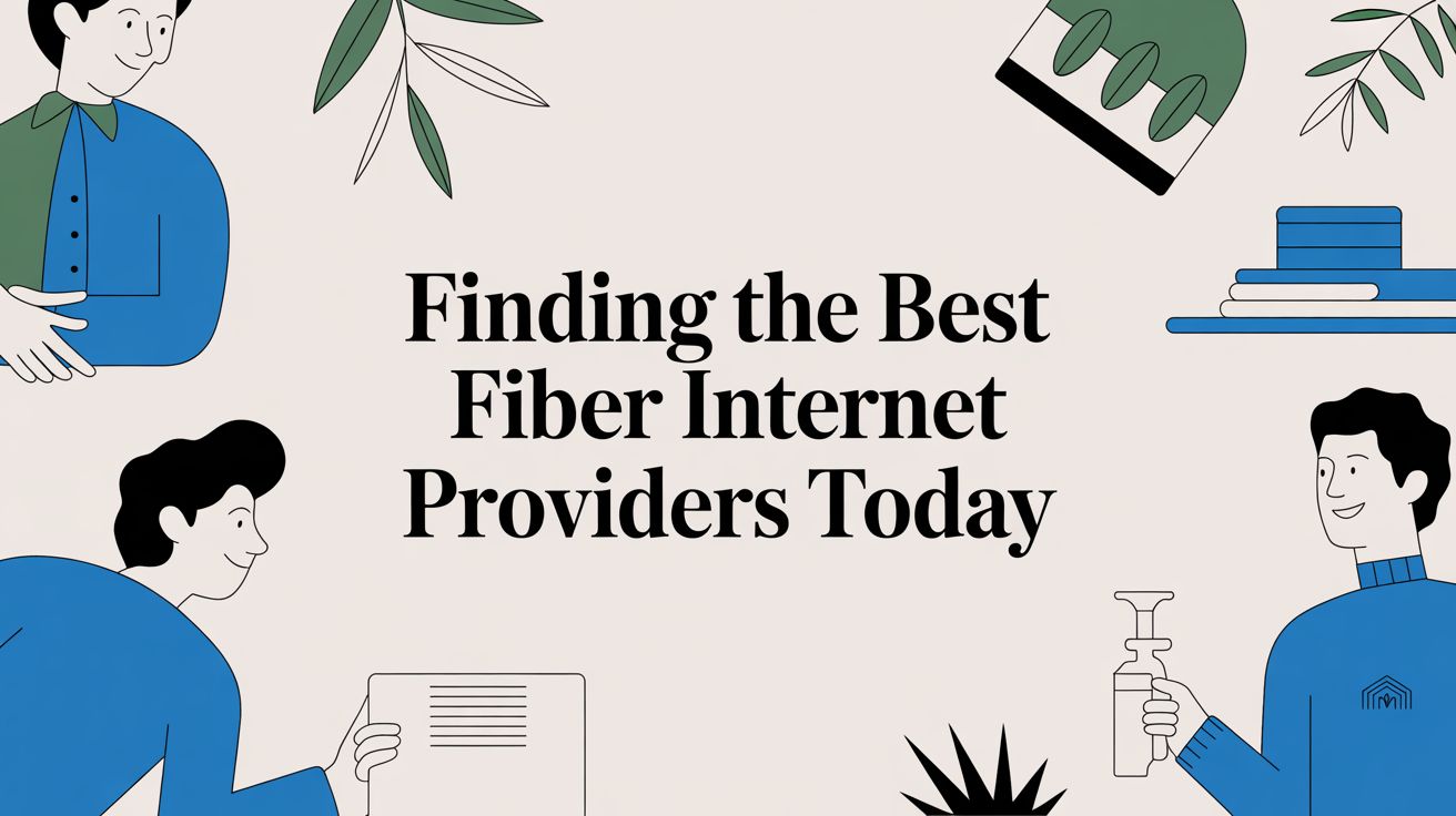 Illustrated banner with the text Finding the Best Fiber Internet Providers Today, surrounded by drawings of people, leaves, and objects like a paint roller and books.