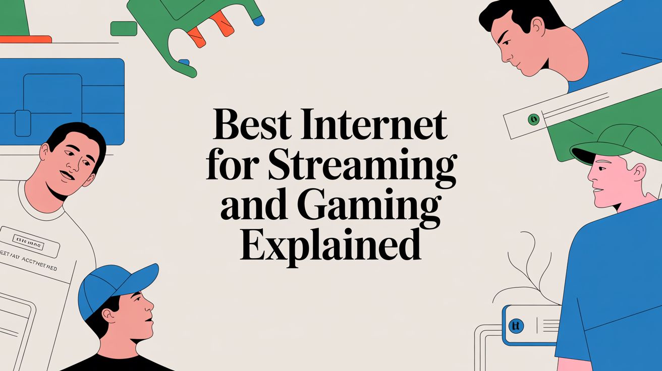 Illustration with four people, each in different corners, talking and using devices. In the center, bold text reads: Best Internet for Streaming and Gaming Explained.