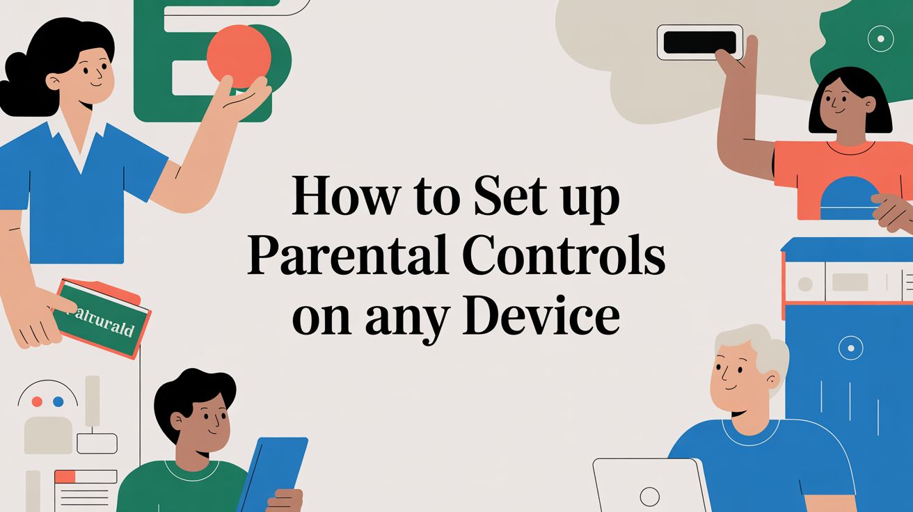 Illustration of four diverse people using devices around the text How to Set up Parental Controls on any Device. The background is light, and each person holds a different device or book.