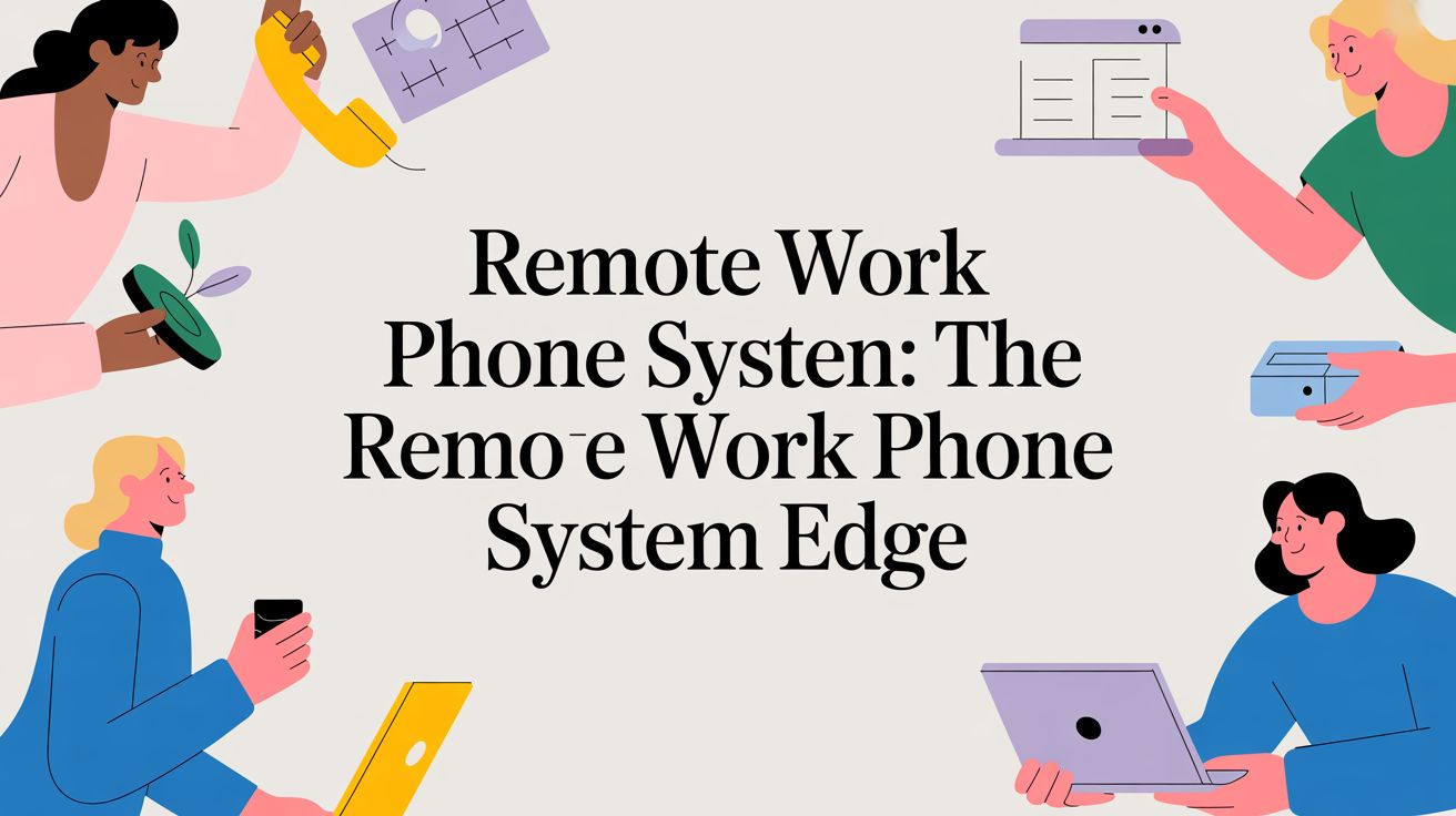 Illustration of diverse people working remotely with phones, laptops, and tablets surrounding the text: Remote Work Phone System: The Remote Work Phone System Edge.