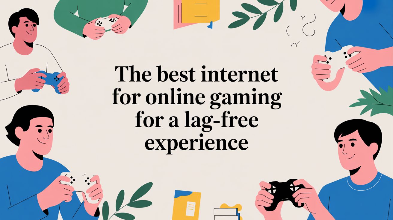 Illustration of four people holding game controllers around the text, The best internet for online gaming for a lag-free experience, with leaves and folders in the background.