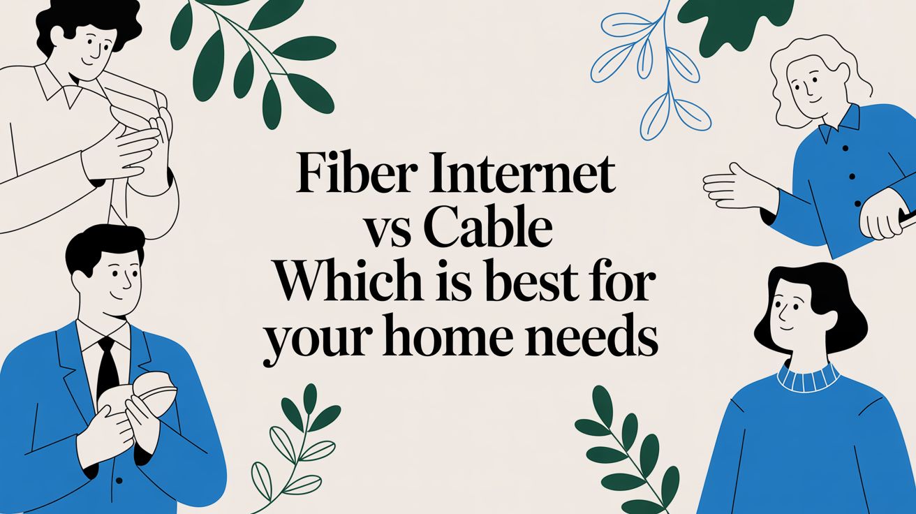 Illustration of four people around leafy branches with the text: Fiber Internet vs Cable: Which is best for your home needs in bold letters in the center.