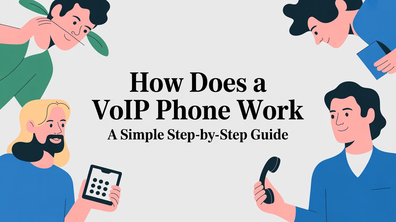 Four illustrated people surround the text “How Does a VoIP Phone Work: A Simple Step-by-Step Guide.” They hold devices like a phone, tablet, and notepad, suggesting communication and technology.