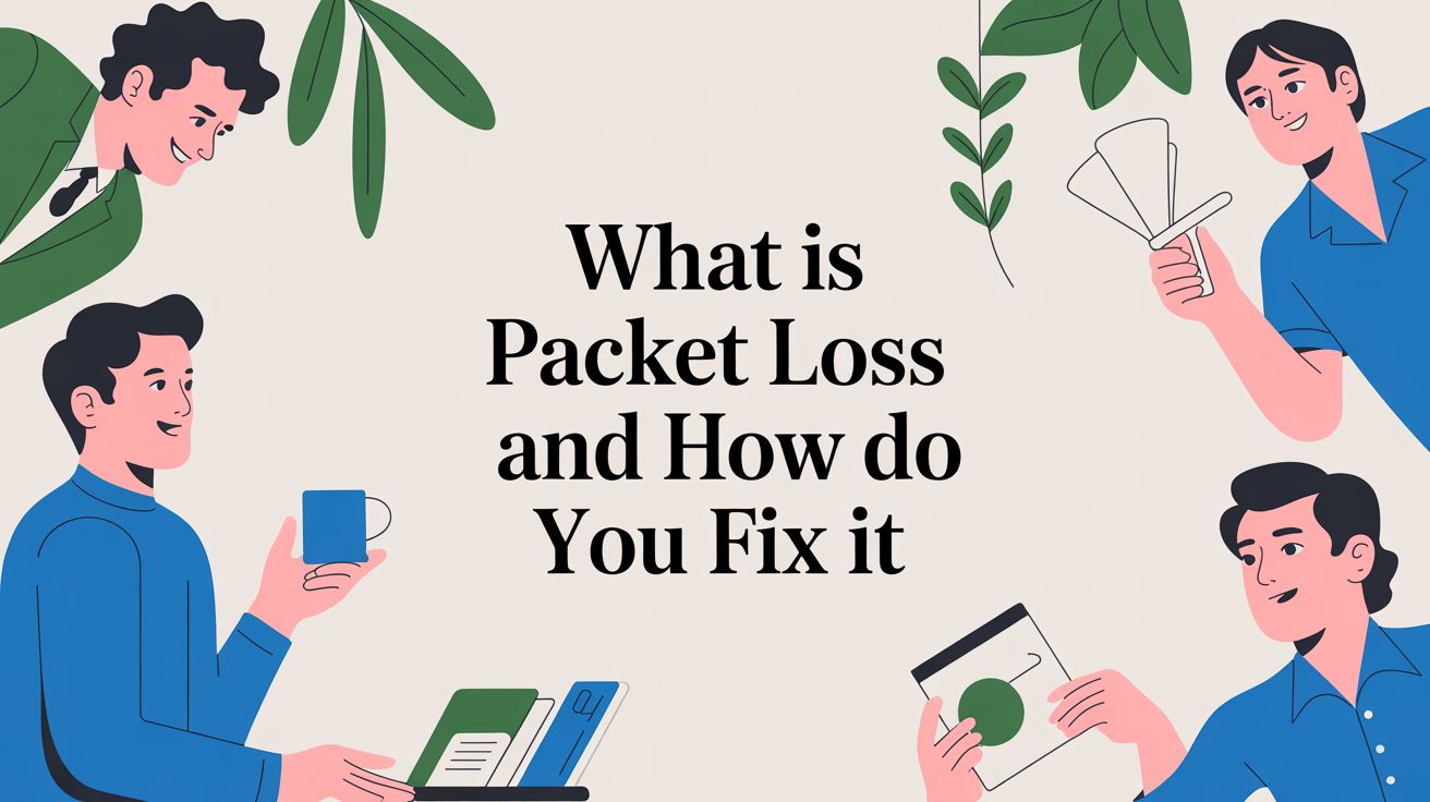 Four illustrated people surround the text “What is Packet Loss and How do You Fix it,” each holding items like a mug, paper, and electronics, with leafy plants in the background.