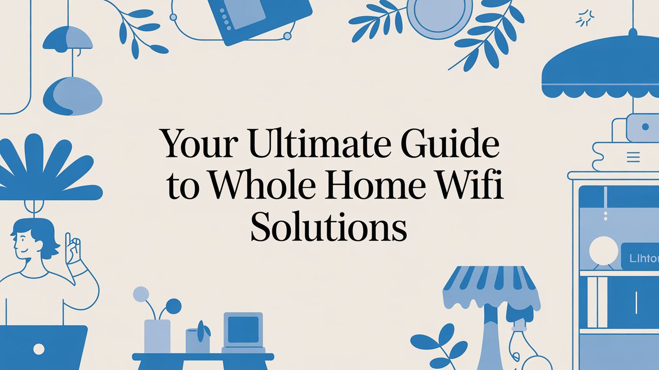 Illustrated banner with tech and home decor items surrounding the text Your Ultimate Guide to Whole Home Wifi Solutions in bold font. The design features blue and beige colors.