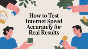 Illustration with people holding gadgets and cards around the text How to Test Internet Speed Accurately for Real Results, on a light background with green leaves and abstract shapes.