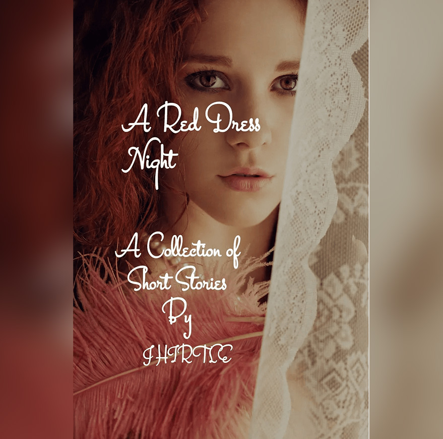 Book cover with woman and lace curtain.