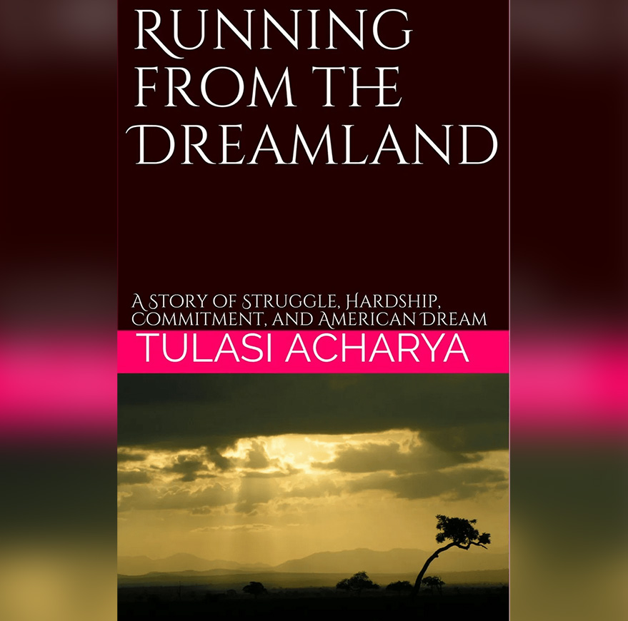 Book cover with tree and sunset silhouette.