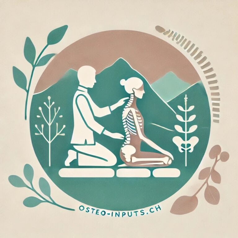 Osteo-Inputs Logo – Illustration eines Osteopathen und einer sitzenden Patientin mit Wirbelsäule, Natur- und Bergsymbolik