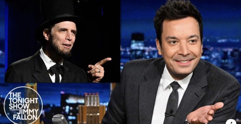 Talk show host with Abraham Lincoln impersonator.