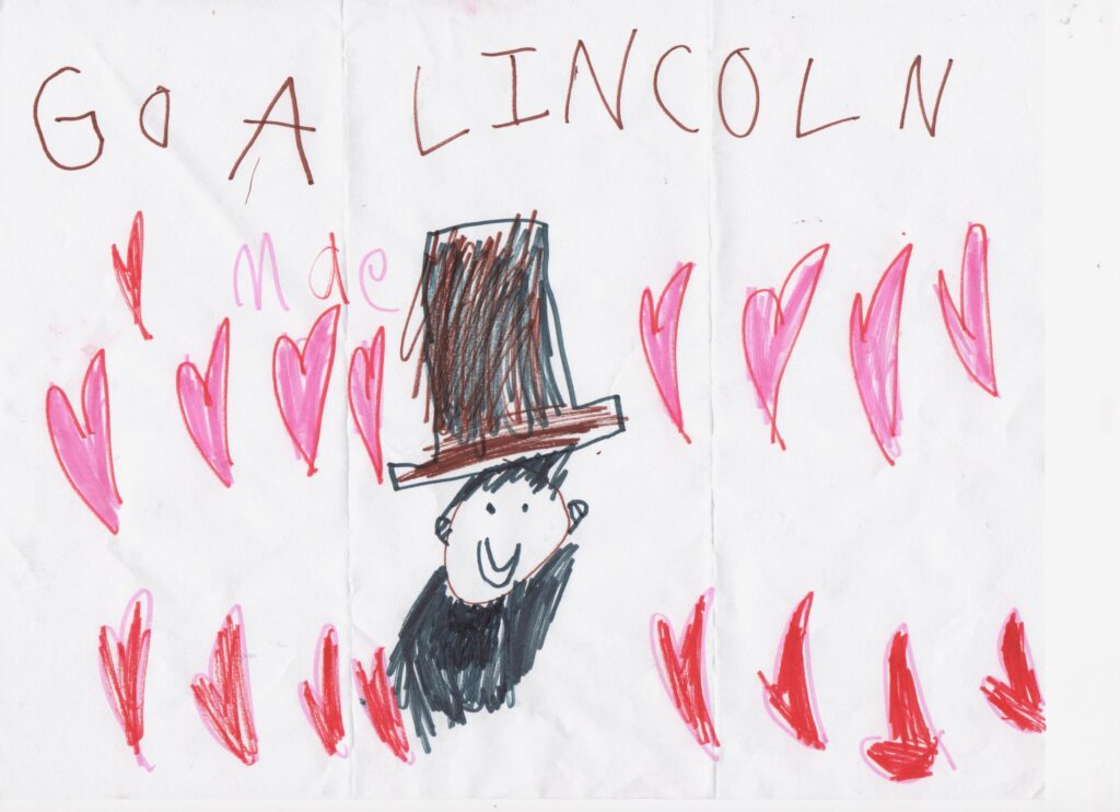 Drawing of Lincoln with hearts and text.