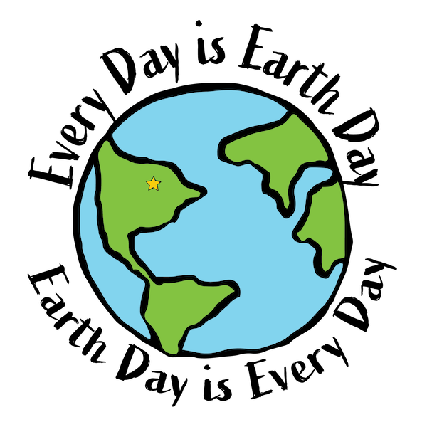 Cartoon Earth with star marking location.