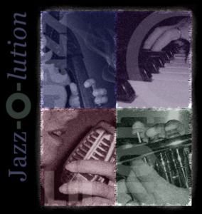 Jazz instruments and microphone collage, text "Jazz-O-lution".