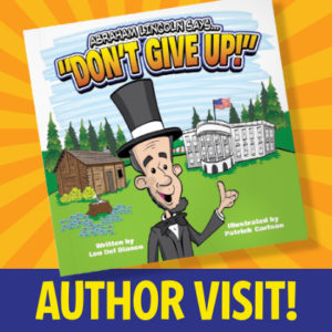 Cartoon Abraham Lincoln book cover, author visit.