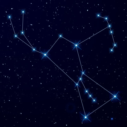 Constellation illustration against a starry sky.